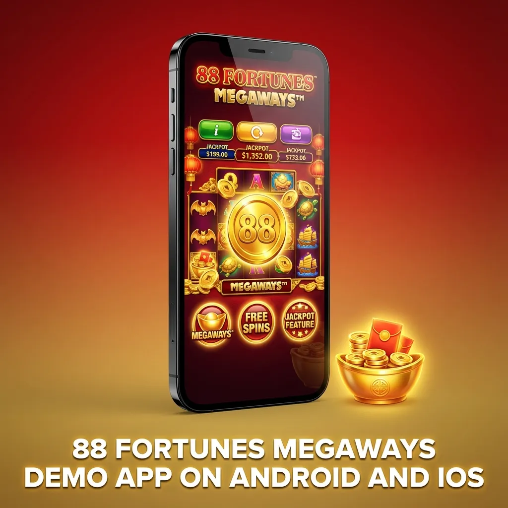 Smartphone showing 88 Fortunes Megaways demo slot interface with reels, spin button, and touch controls on screen