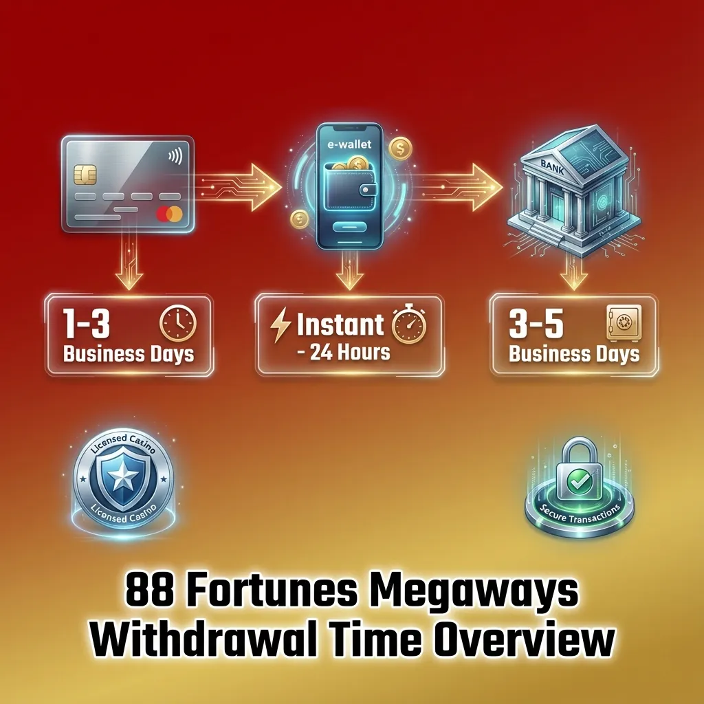 Infographic showing 88 Fortunes Megaways casino withdrawal times by method, from e-wallets to cards and bank transfers.