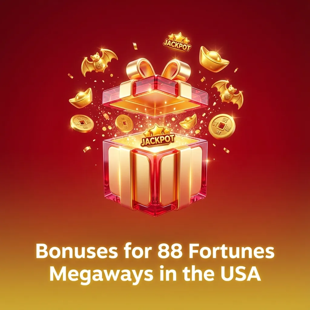 Banner for “Bonuses for 88 Fortunes Megaways in the USA” with slot reels, coins, and bonus offer icons on a dark background