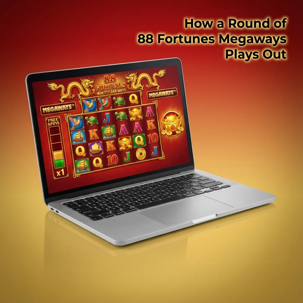 Labeled diagram showing each step of an 88 Fortunes Megaways slot spin, from choosing bet to cascades and bonus triggers
