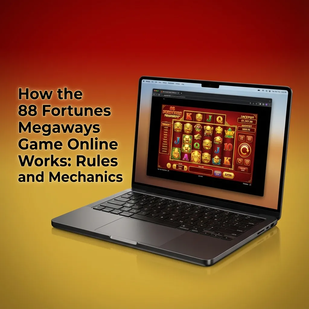 Infographic of 88 Fortunes Megaways slot reels, cascading wins, changing symbol rows, and ways-to-win meter showing 117,649.