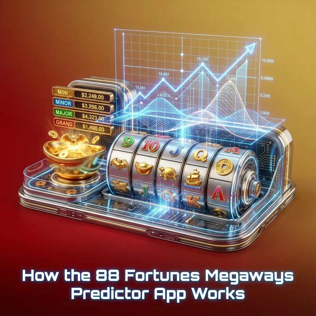 Diagram of the 88 Fortunes Megaways Predictor app linking to a casino, analyzing spins, and outputting non‑guaranteed betting tips