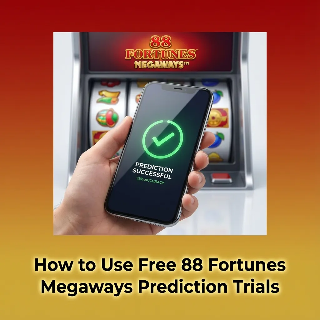 Illustration of a user testing an 88 Fortunes Megaways prediction app during a free trial alongside an online slot game screen