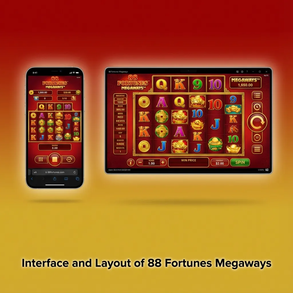 88 Fortunes Megaways slot interface with red and gold Asian theme, reels above clear bet, balance, win, menu, and sound controls