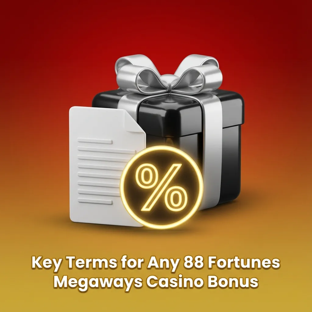 Infographic titled “Key Terms for Any 88 Fortunes Megaways Casino Bonus” listing wagering, games, time limits, caps, and restrictions