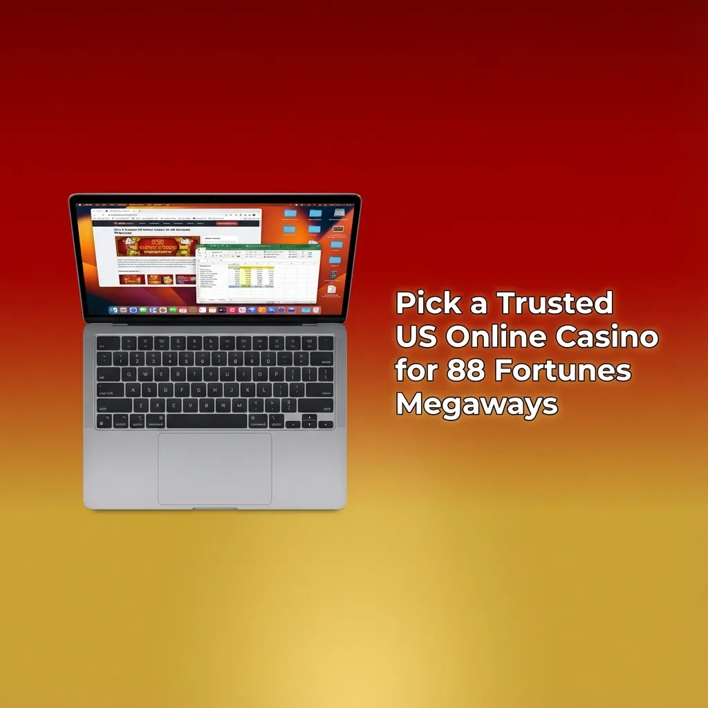 Laptop screen showing 88 Fortunes Megaways slot and a checklist of trusted US online casino features