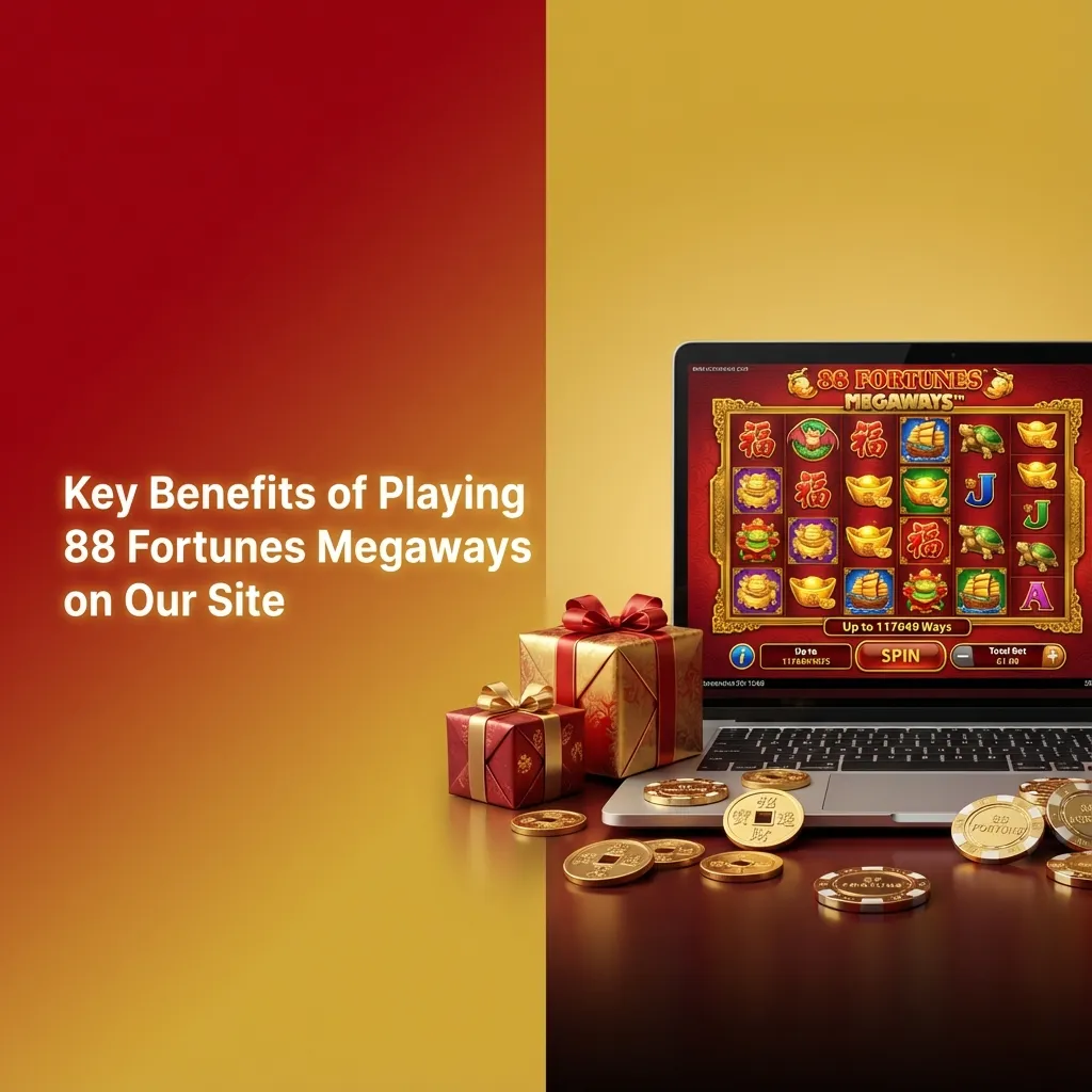 Infographic titled “Key Benefits of Playing 88 Fortunes Megaways” listing RTP, fast payouts, demo mode, and 24/7 support for USA players